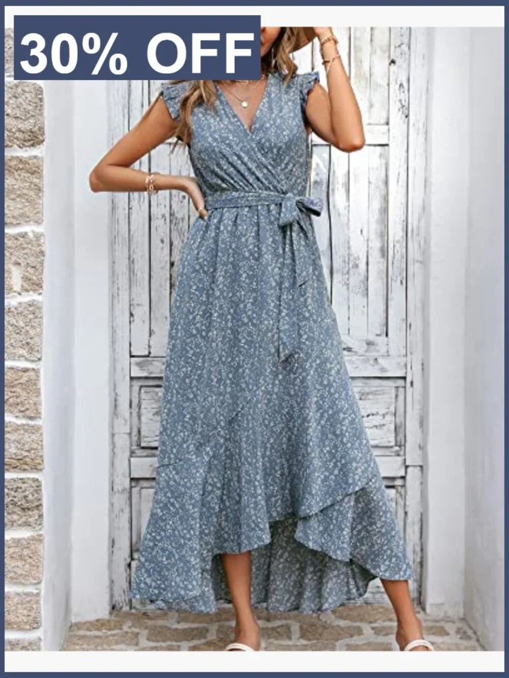 Boho Wrap Maxi Dress with Ruffle Sleeves and Self Tie Belt - Picture 3 of 7
